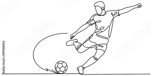 Continuous line drawing of a soccer player kicking a ball with high energy and motion