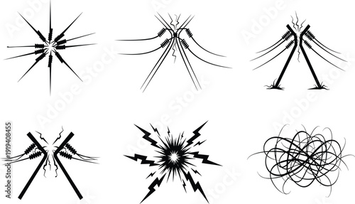 Set of black and white icons featuring electrical sparks, high voltage short circuits, tangled wires, and power line energy explosions