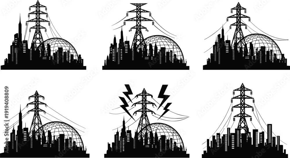 Fototapeta premium Set of black silhouette high voltage power transmission towers, electric pylons, industrial energy grid, and city skyline on white background