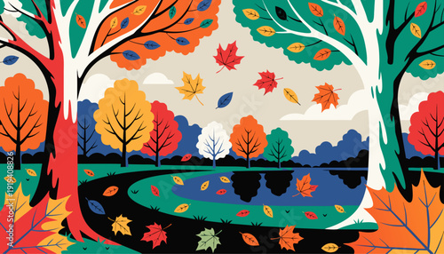 Beautiful autumn landscape filled with vibrant foliage in a peaceful park setting, where golden, orange, and red leaves gently fall, creating a warm seasonal natural background full of depth and motio