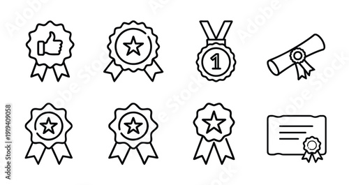 Awards and prize outline icon set with thumbs up badge, star medal, first place award, certificate, diploma scroll, quality seal achievement symbol, success more vector illustration editable stroke