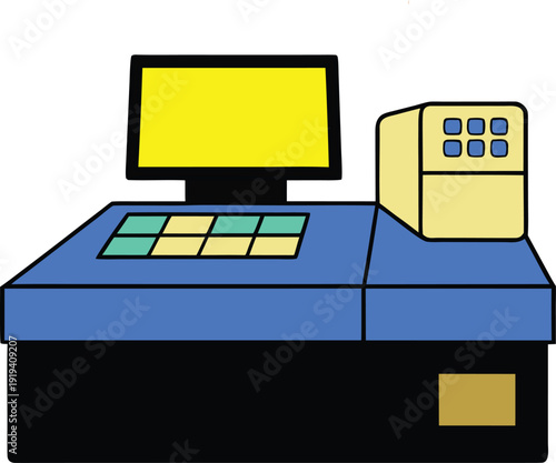 Cash Register and Computer Terminal: A modern cash register or terminal features a monitor and keypad, epitomizing the evolution of payment technology and commerce. 