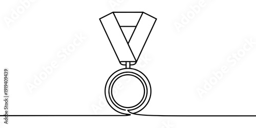 Continuous line drawing of a winner medal with a neck ribbon for success and achievement.