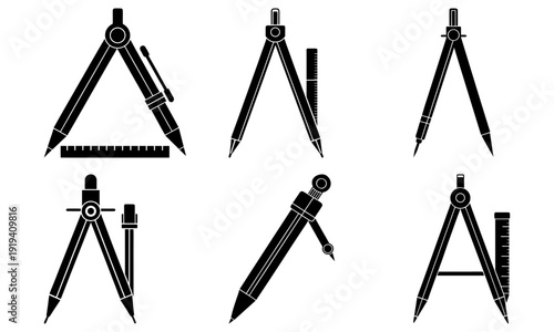Various drafting tools including compasses and pencils arranged in a grid layout for architectural or technical drawing purposes.