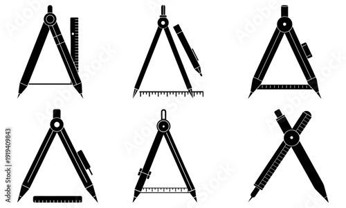 Set of black compasses in various configurations and orientations displayed on a clean white background