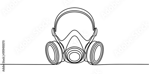 Continuous line drawing of a professional full face respirator mask with dual filters