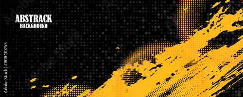 Black and yellow abstract background with brushstroke and halftone style.