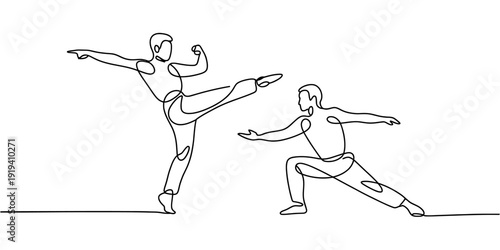 Minimalist continuous line art illustration of two men engaged in a martial arts sparring session