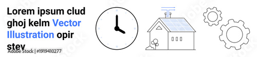 Renewable energy, time management, technology, sustainability, productivity, innovation. Solar-powered house, clock and gear symbols linked to technology and energy. Renewable energy and time
