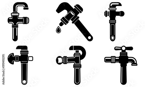 Collection of various plumbing fixtures and tools illustrated in black and white