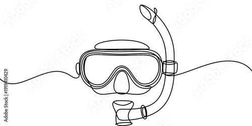 A simple continuous line drawing of a scuba diving mask and snorkel equipment on a white background.