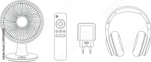 Black and white outline drawing showcasing essential electronic accessories including a small desk fan a remote control a power adapter and over ear headphones