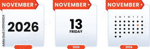 November 2026 Calendar Design Template, Friday 13 Date Highlight. Checklist day calender. Schedule date, appointment, month, week, agenda, Containing, organization and event Editable line icons.
