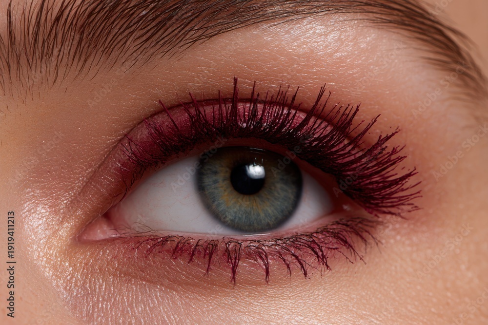 Fototapeta premium Hyperrealistic Image Eye Burgundy Mascara Visible Lashes Beauty Makeup Photography