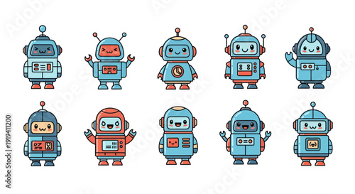 Cartoon robots collection isolated on white