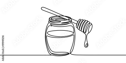 Minimalist continuous line drawing of honey jar and dipper natural sweet illustration