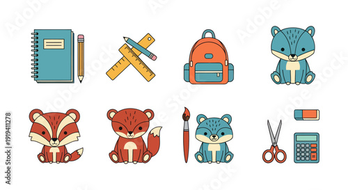 Cartoon school supplies and animals