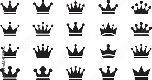  Crown Icon Set – Royal King and Queen Symbols Black Silhouette Collection Vector