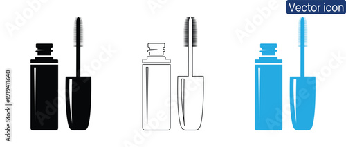 Set of mascara tube and wand vector icons in black, white, and blue, perfect for beauty and cosmetics marketing materials