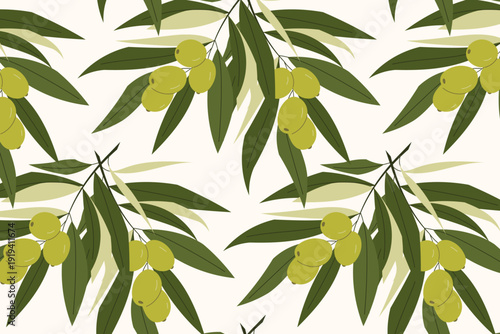 Seamless pattern with green olives and olive tree branches with leaves on light background, Mediterranean repeat design for textile and packaging