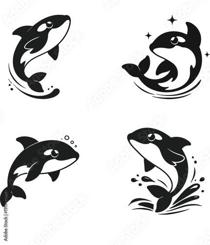 Set of Four Cute Cartoon Orca Killer Whale Illustrations.