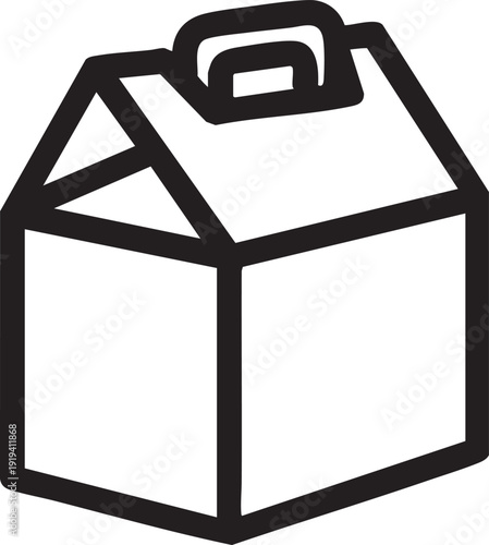 Simple black and white line art icon of a take-out box with a handle, perfect for food delivery services or graphic design.