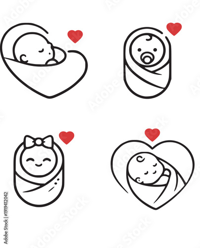 Cute Baby Icons Set with Hearts.