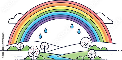 Vibrant colorful rainbow arching over a stylized spring landscape featuring rolling green hills blossoming trees and gentle rainfall illustration