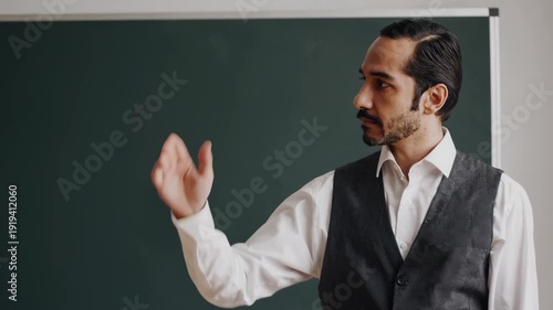 A professional mid-adult male professor in a vest and white shirt gestures with his hand while standing in front of a dark chalkboard. This 3D render is ideal for academic, teaching, and higher educat