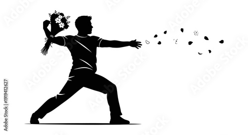 Silhouette of a man throwing a bouquet of flowers with petals falling