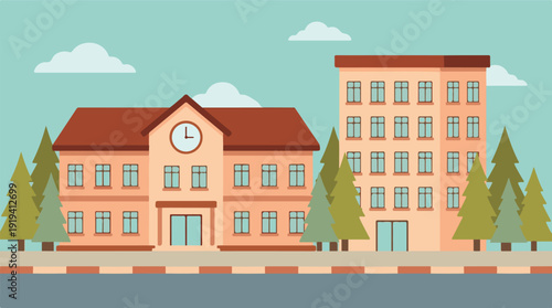 Flat design illustration of school and residential buildings with trees and road