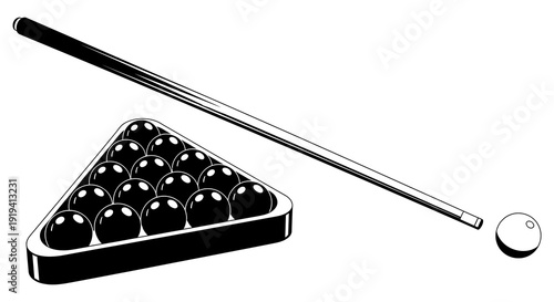 Pool rack with billiard balls and cue stick in a black and white illustration