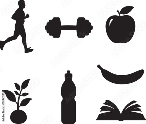 Icons representing healthy habits including exercise, nutrition, and education