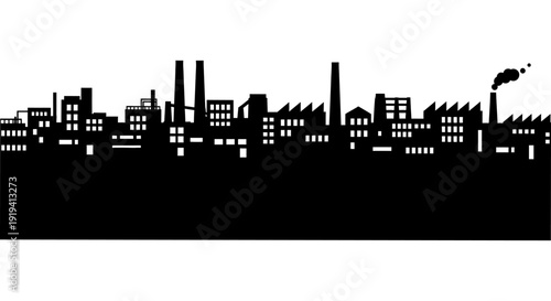 A stark black and white silhouette of an industrial cityscape with smokestacks