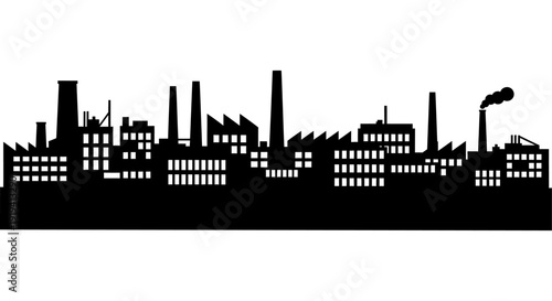 Black silhouette of an industrial cityscape with factories and smokestacks