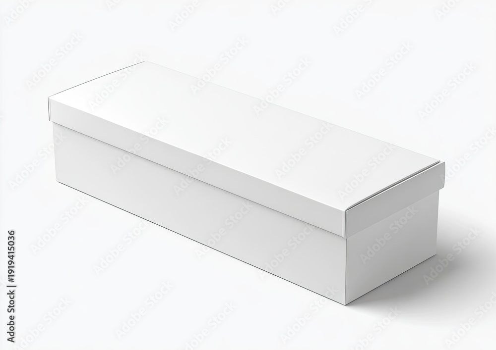Naklejka premium Plain, rectangular white box with lid, casting a shadow on a white background