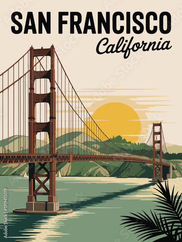 San Francisco Wall Art, bold city text with California script and foreground palm silhouettes vintage poster print