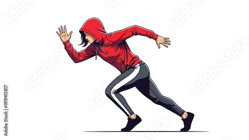 Athletic Woman in Red Hoodie Sprinting Forward.