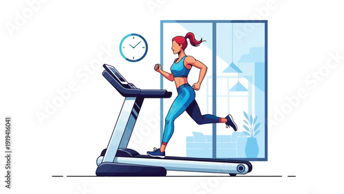 Woman running on treadmill indoors for fitness.