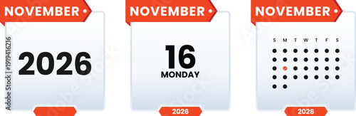 November 2026 Calendar Design Template, Monday 16 Date Highlight. Checklist day calender. Schedule date, appointment, month, week, agenda, Containing, organization and event Editable line icons.
