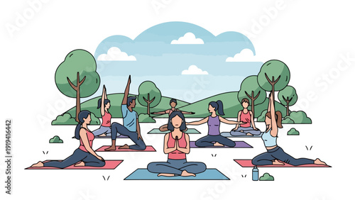 Group of diverse people practicing yoga outdoors in a park setting.