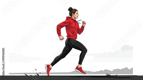 Athletic Woman Running in Red Hoodie and Black Leggings.