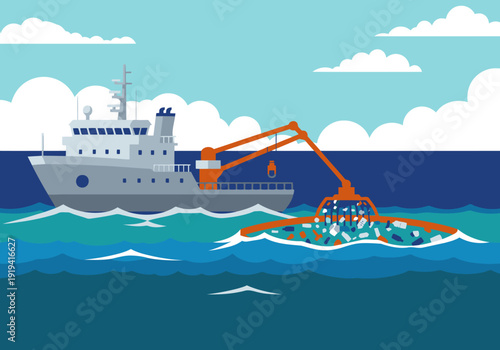 A cleanup vessel collects plastic waste at sea. A modern ship with a robotic arm removes debris from the ocean. Clean, bright, and impactful image.