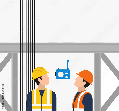Construction workers collaborate on a building site, utilizing rigging, spotting, and communication equipment. Clear visual, professional setting.