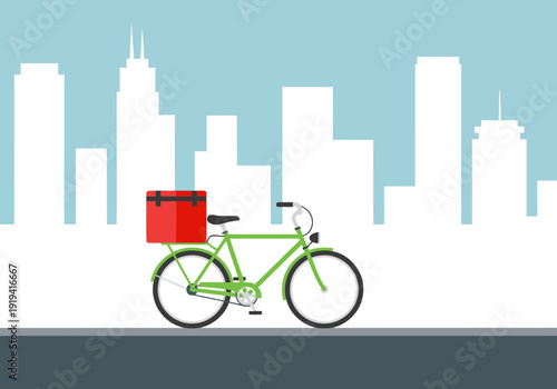 A courier delivers a box on a bicycle through a modern city skyline. Bright, clean illustration. Perfect for business and delivery themes.