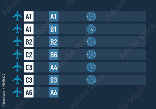 A detailed flight status board displays multiple flights with estimated times and gate assignments. Clear, modern design with a blue background and airplane icons. Ideal for travel or aviation themes.