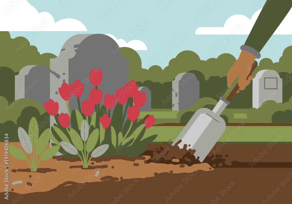 Ταπετσαρία A groundskeeper maintains a memorial flower bed with fresh soil and vibrant tulips