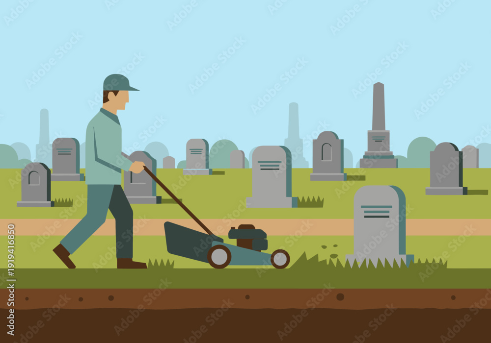 Ταπετσαρία A groundskeeper mows grass in a cemetery, maintaining a neat and serene landscape