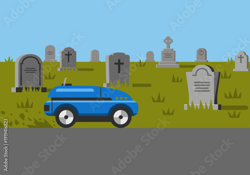 A futuristic blue autonomous mower navigates a cemetery landscape, highlighting innovative technology and a unique setting. Modern, graphic style.