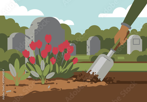 A groundskeeper maintains a memorial flower bed with fresh soil and vibrant tulips. A shovel is visible, showcasing garden care and remembrance.  Clean, modern illustration.